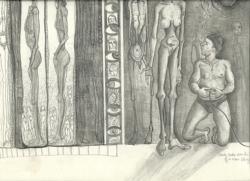 Death looks over the shoulder of a man using a Play Station